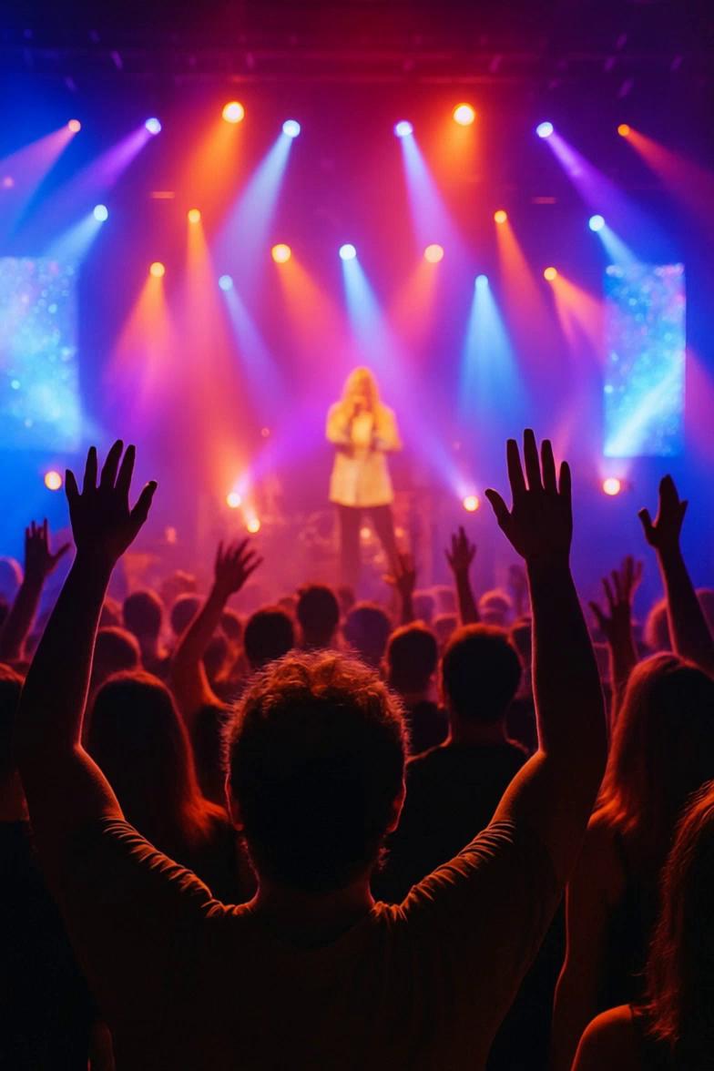 Prompt: crowd dancing to a blonde singer performing on stage full of lights, camera steady, crowd cheering and dancing hands up in the air