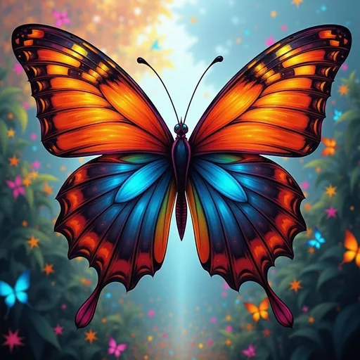 Prompt: A magnificent butterfly spreads its wings, showcasing a stunning blend of vibrant orange and deep blue hues that shimmer under a soft, ethereal light. Its wings, adorned with intricate patterns and delicate frills, exude an enchanting allure as they catch the light, creating a magical atmosphere. The background is a dreamlike blur of soft colors, suggesting a tranquil environment alive with the gentle fluttering of smaller butterflies and hints of lush foliage. The scene captures a sense of whimsy and wonder, inviting the viewer to revel in the beauty of nature’s artistry, conveying themes of transformation and fleeting beauty in this serene moment.